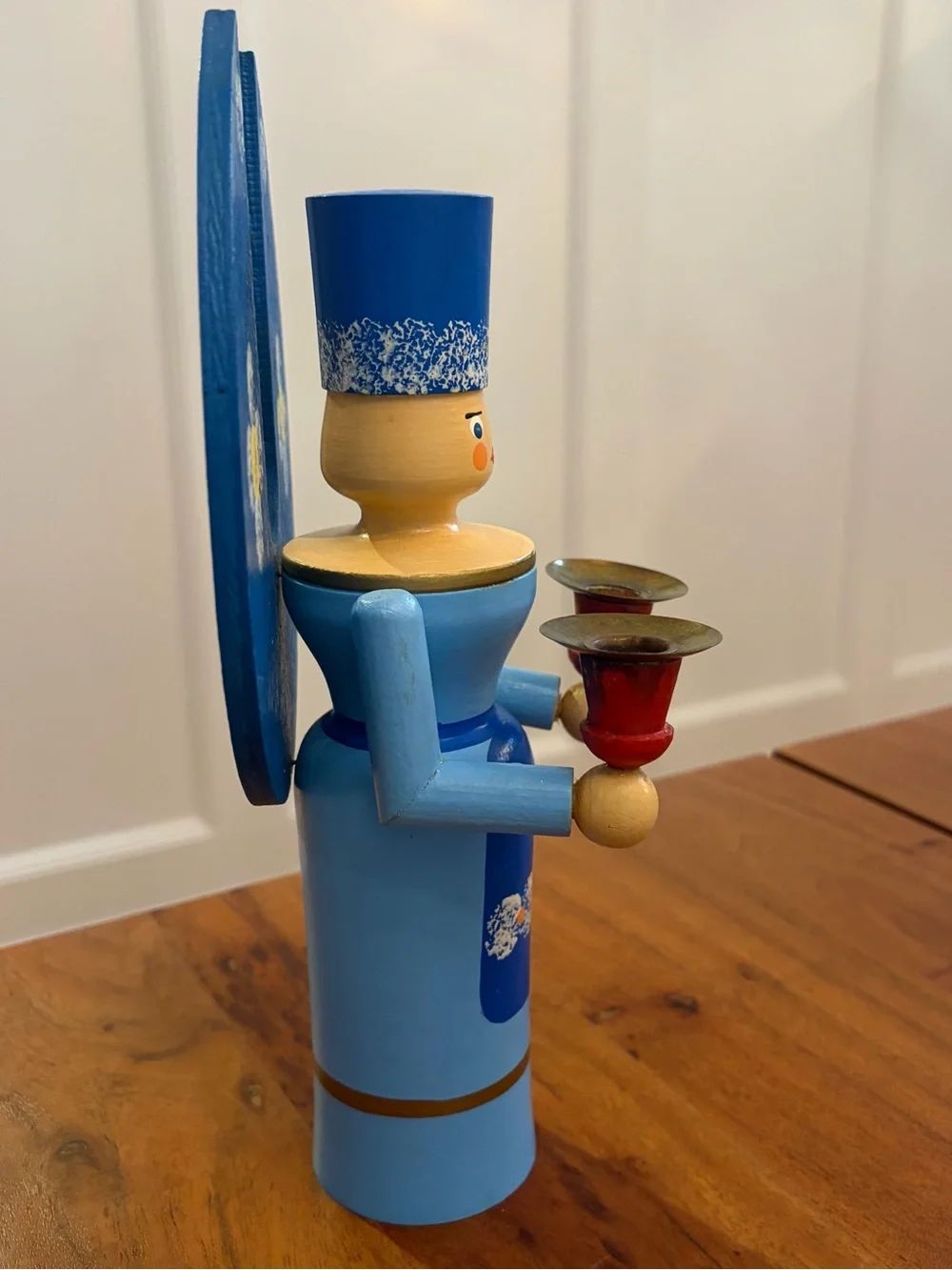 Vintage German Erzgebirge Wood Candle Holders Pair Angel & Miner Christmas 10.5